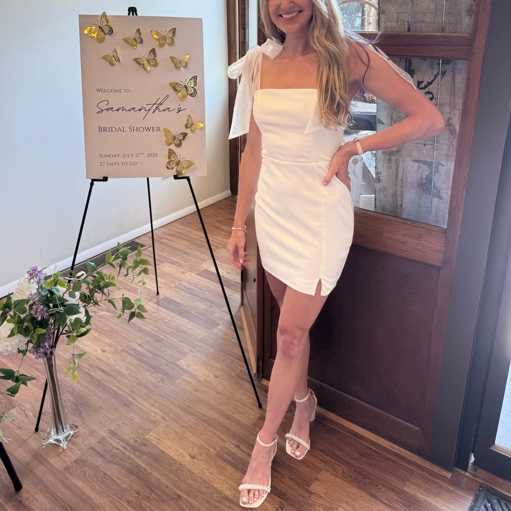 Lulu’s White Mini Dress with Pearl Tie Shoulder Straps
